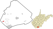 Mercer megye Nyugat-Virginia beépítette és be nem építette azokat a területeket, amelyeket Bramwell kiemelt.svg