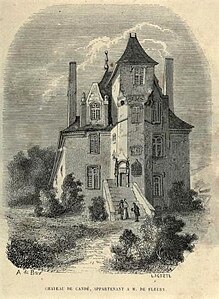 Dessin en noir et blanc d'un château à l'allure médiévale.