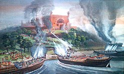 A painting indicating the battle between the Arakanese and the Mughals in Karnaphuli River in 1666 in which, the Mughal received help from the Portuguese. Mughal-Arakanese battle on the Karnaphuli river in 1666.jpg