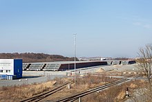 Ein Lager verbliebener Gasröhren der Nordstream 2 im Hafen von Mukran (März 2022)