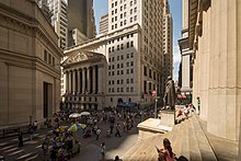 The New York Stock Exchange on Wall Street, the world's largest stock exchange in terms of total market capitalization of its listed companies New York Stock Exchange August 2017 02.jpg