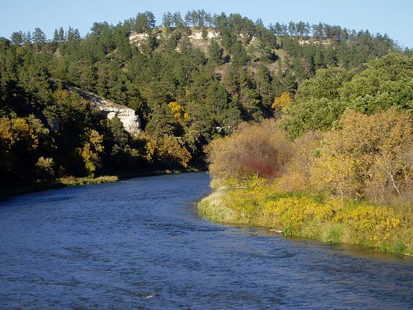 Bluffs covered with Ponderosa pine line a curve on the Niobrara National Scenic River