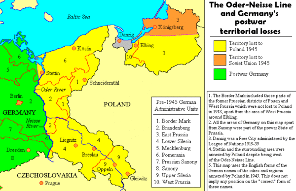 German old lands lost to Poland and the Soviet Union after World War II (yellow and orange); since Soviet fall, all have belonged to Poland, Russia, and Lithuania