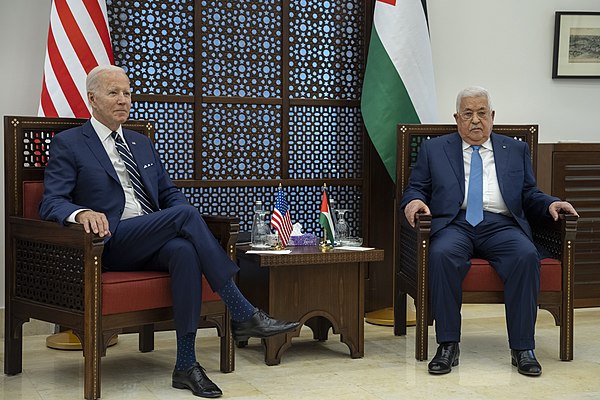 Fatah leader Mahmoud Abbas with U.S. President Joe Biden at the Palestinian Presidential Palace in Bethlehem on 15 July 2022