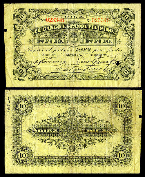 Early issue 1896 10 pesos note from El Banco Español-Filipino (1896).