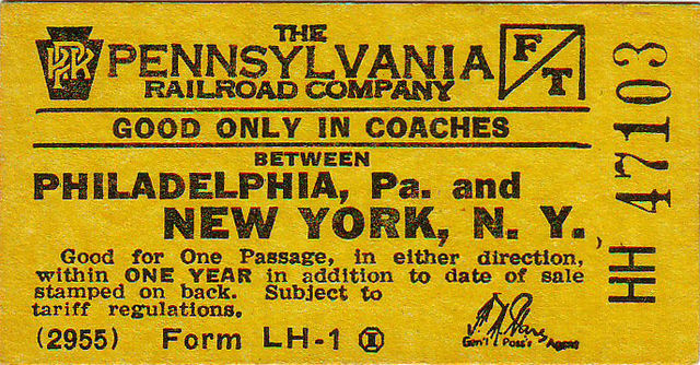 PRR Philadelphia to New York City coach ticket, c. 1955