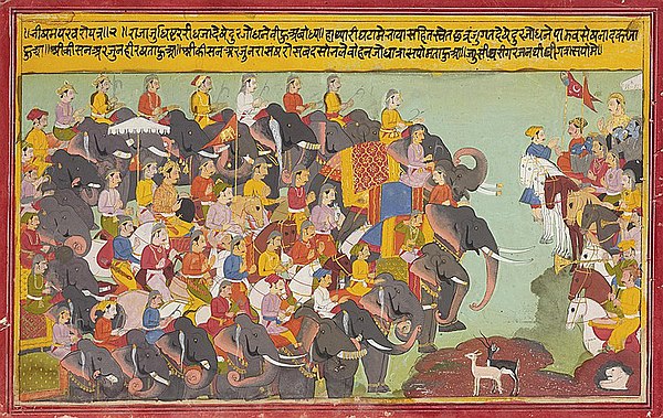 Kaurava army (left) faces the Pandavas. A 17th-18th century painting from Mewar, Rajasthan.