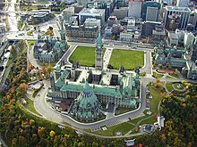 Aerial view of the Canadian Parliament Buildings from the north Parliament Hill from a Hot Air Balloon, Ottawa, Ontario, Canada, Y2K (7173715788).jpg