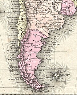 English map of Patagonia (East and West) in a different color from that of Chile and Argentina. The western side of the region was not disputed by both countries Patagonia, 1855.jpg