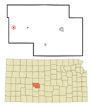 Pawnee County Kansasin rekisteröidyt ja rekisteröimättömät alueet Burdett Highlighted.svg