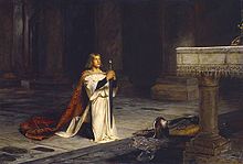Gawain represented the perfect knight, as a fighter, a lover, and a religious devotee. (The Vigil by John Pettie, 1884). Pettie, The Vigil.jpg