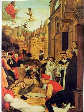 Святой Себастьян (на облаке) молится за жертв Юстиниановой чумы (картина Лиферинкса)