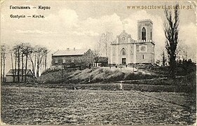 Schloss und Kirche in Gostynin auf Postkarte (betitelt auf russisch und deutsch), vermutlich vor 1918.