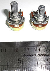 Size scaled 10k and 100k pots that combine traditional mountings and knob shafts with newer and smaller electrical assemblies. The "B" designates a linear (USA/Asian style) taper. Pots 10k 100k.jpg