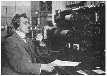 Prof. Alfred B. Haake delivering a talk on economics at WHA (1922) Professor Alfred Haake broadcasting over WHA - 1922.jpg