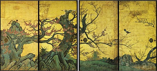 Kanō Sanraku 1559-1635, Vieux prunier. Encre, couleurs et or sur papier, fusuma : 184 x 99 cm, début XVIIe siècle. Daikaku-ji, Kyoto[55]