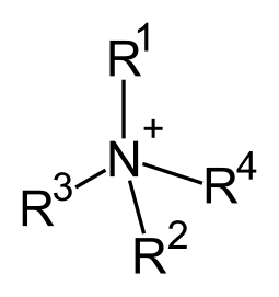 Quaternary ammonium cation. The Rs may be the same or different groups. (The Rs may also be connected, making a cyclic ion.) Quaternary ammonium cation.svg