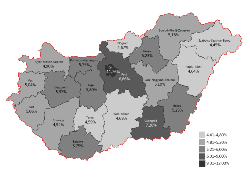 Invalid ballots as a percentage of total votes by counties and Budapest Referendum in Hungary 2016 - invalid ballots.png