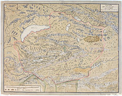 A map of the Dzungar Khanate, by a Swedish officer in captivity there in 1716–1733, which include the region known today as Zhetysu