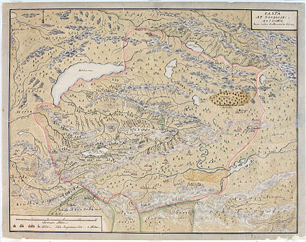 A map of the Dzungar Khanate, by a Swedish officer in captivity there in 1716–1733, which include the region known today as Zhetysu