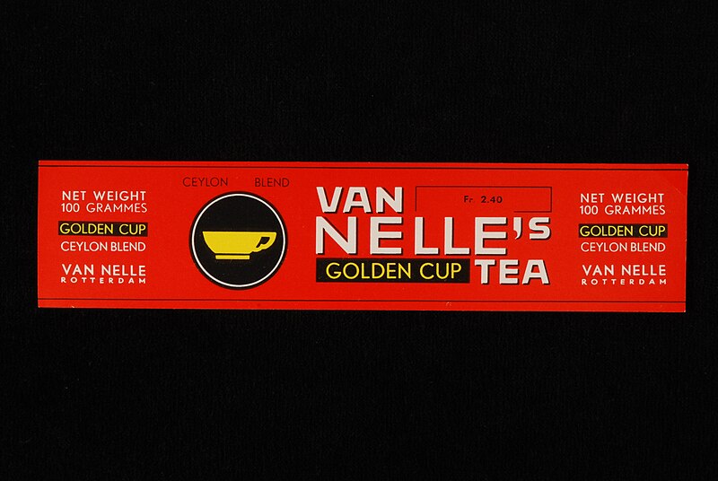 File:Rood, papieren label VAN NELLE’S GOLDEN CUP THEE, Ceylon melange, 100 gram, fr.2.40, Belgisch, objectnr 84755.JPG