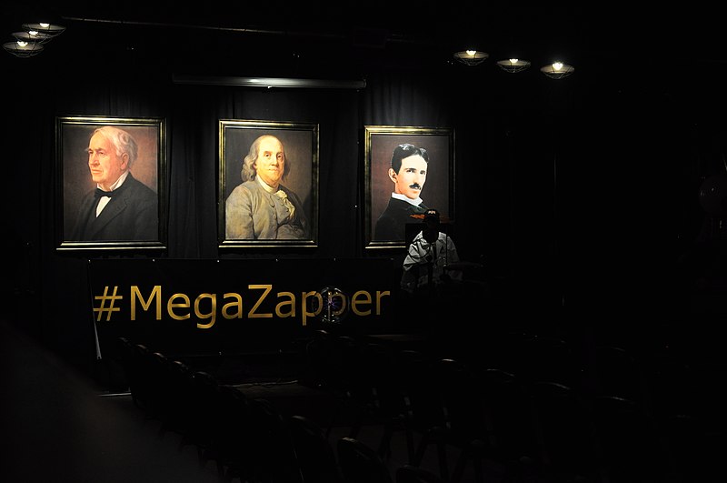 File:SPARK Museum of Electrical Invention - interior 18 - MegaZapper Hall - portraits of Edison, Franklin, Tesla.jpg