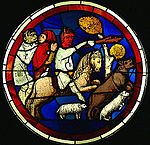 A stained glass medallion from the royal chapel of the Sainte-Chapelle (before 1248) Sainte Chapelle 01.JPG