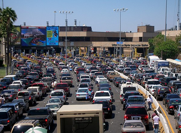 Traffic in Tijuana, Mexico waiting at the San Ysidro port of entry into the United States.