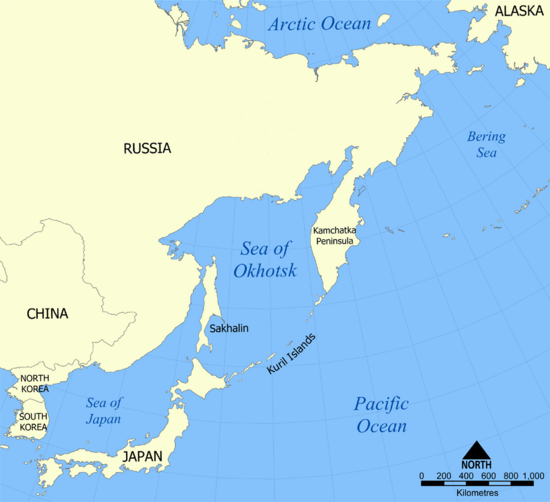 Map with parts of the countries and territories that make up the region of Northeast Asia. Here, coastal Northeast Asia is shown.