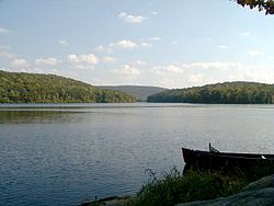Uprostřed obrazu se k jeho vzdálenému břehu táhne jezero pokryté zelenými stromy. Nahoře, lehce zamračená modrá obloha.