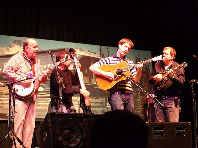 Members of The Seldom Scene playing at the Rivercity Bluegrass Festival in 2008. The group was inducted into the Bluegrass Music Hall of Fame at the 2