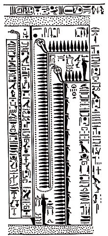 Black and white frieze of Egyptian hieroglyphs.