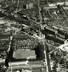 Just five blocks--but a whole generation--apart. Baker Bowl (upper right) was one of the last of the rickety wooden parks, while concrete-and-steel Shibe Park (foreground) set the bar for those to come. Looking east along Lehigh Avenue, 1929 Shibe Park and Baker Bowl aerial, September 1929.jpg