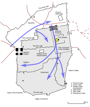 Mapa udávající postup římské armády během obléhání