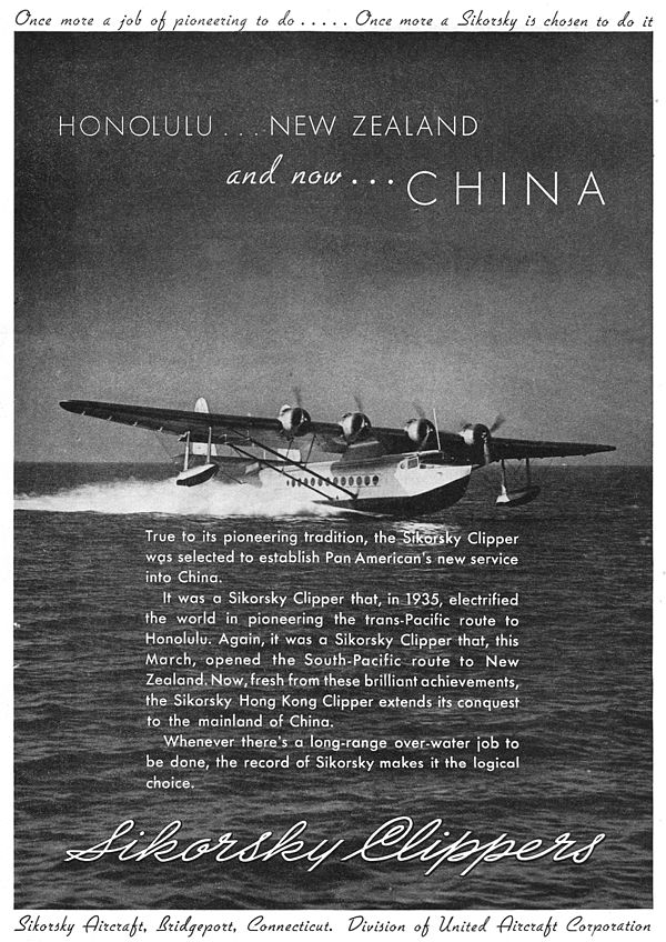 Advertisement for Sikorsky S-42 Clipper flying boat from 1937