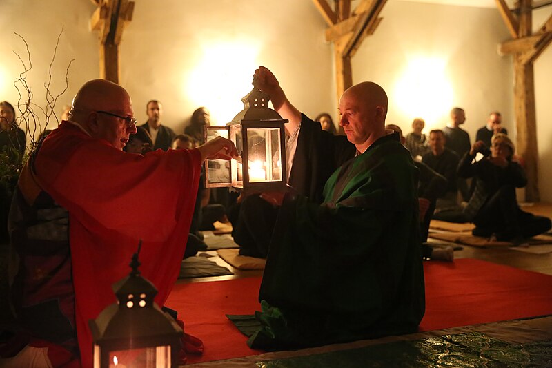 File:Soto Zen Buddhist priest Myozan Kodo, right, receives Dharma Transmission from his teacher Taigu Turlur, Paris, 2014..JPG