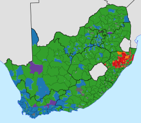 Map showing the party of the elected councillor in each ward.
ANC
DA
IFP
NFP
Other party
Independent South Africa 2011 LGE ward winners.svg