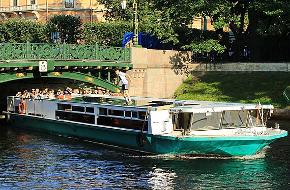 Sprung von einer Brücke auf das Dach eines darunter vorbeifahrenden Bootes 2H1A6101WI