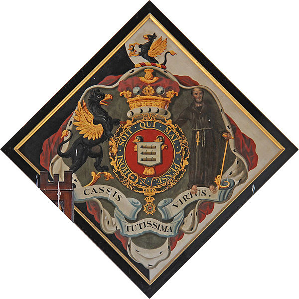 Hatchment in St Martin's Church, Houghton, showing Cholmondeley with inescutcheon of Bertie, all circumscribed by the Garter