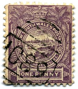 New South Wales stamp with a "1089" postmark Stamp New South Wales 1888 1p.jpg