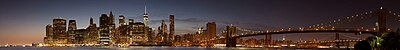 Thumbnail for File:Statue of Liberty, Manhattan, Brooklyn Bridge, Empire State Building, Chrysler Building, and Manhattan Bridge, 180 degree panorama, Blue hour (Explored) (20543682528).jpg