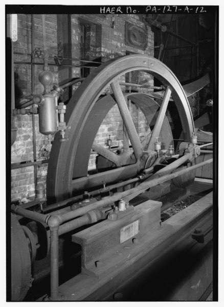 File:Steam Engine for Shop, lineshaft, detail of crosshead, rod and flywheel - East Broad Top Railroad and Coal Company, Machine Shop, State Route 994, West of U.S. Route 522, HAER PA,31-ROCFN,1A-12.tif