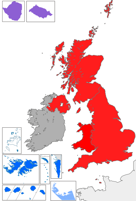The British Islands (red) and overseas territories (blue) using sterling or their local issue