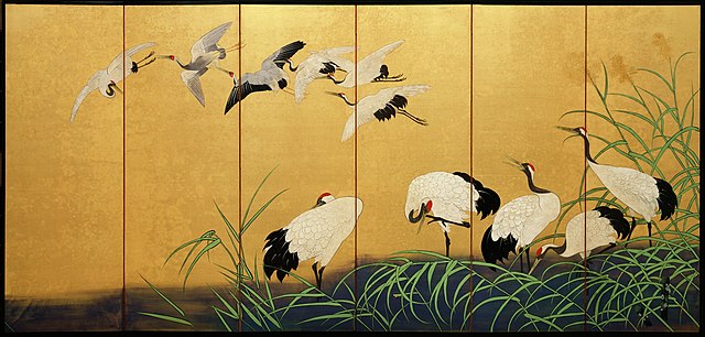 Suzuki Kiitsu japán festőművész Reeds and Cranes című alkotása
Attribution: Kiitsu Suzuki / Public domain