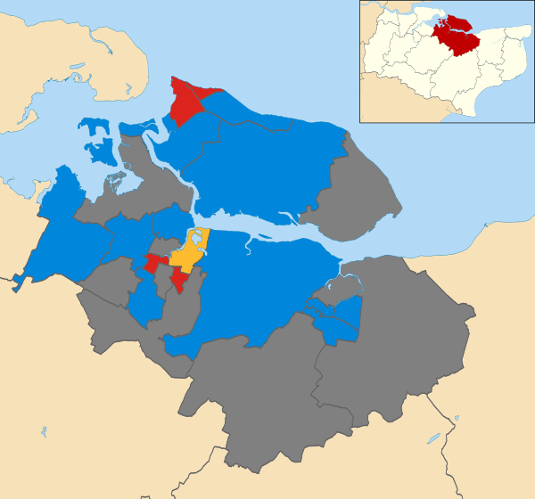 Map of the results of the 2006 Swale Borough Council election. Conservatives in blue, Labour in red and Liberal Democrats in yellow. Wards in dark grey were not contested in 2006.