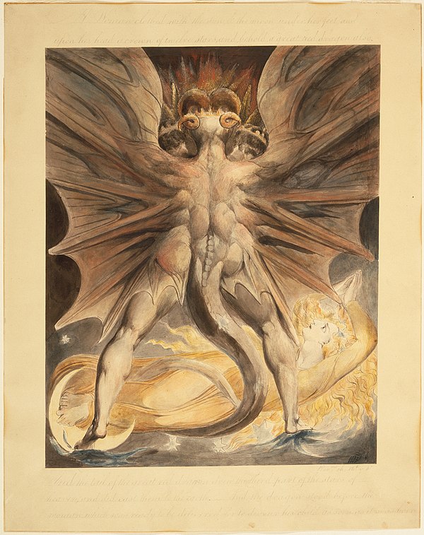 William Blake (British, 1757–1827) The Great Red Dragon and the Woman Clothed in Sun (Rev. 12: 1–4), c. 1803–1805 – Brooklyn Museum