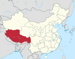 Kart over regionen Tibet i Kina. Dei gråe områda vert gjort krav på av både Kina og India.