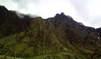 Tower Ridge (Ben Nevis, Highland Scotland) showing the Little and Great towers high on the crest. The inverted N of chimneys on the West Face of Douglas Boulder can be climbed at grades ranging from Difficult to Severe. Tower Ridge (Ben Nevis, Highland Scotland) showing the Little and Great towers high on the crest.jpg