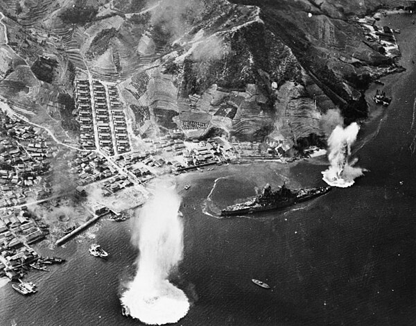 U.S. Navy carrier aircraft attack the Japanese battleship Haruna near Kure, Japan, on 28 July 1945 (80-G-490226).jpg
