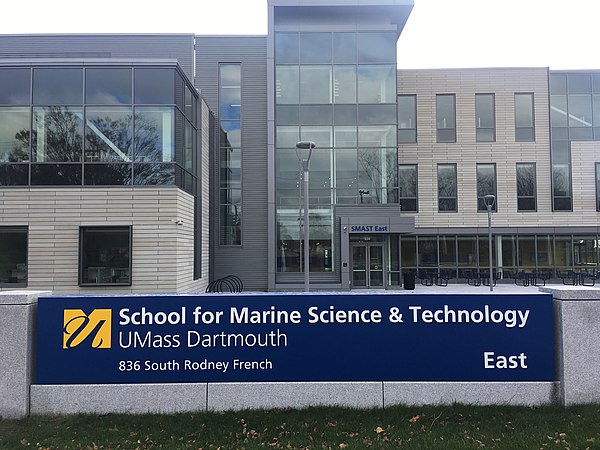 Central entrance at UMass Dartmouth SMAST East campus in New Bedford